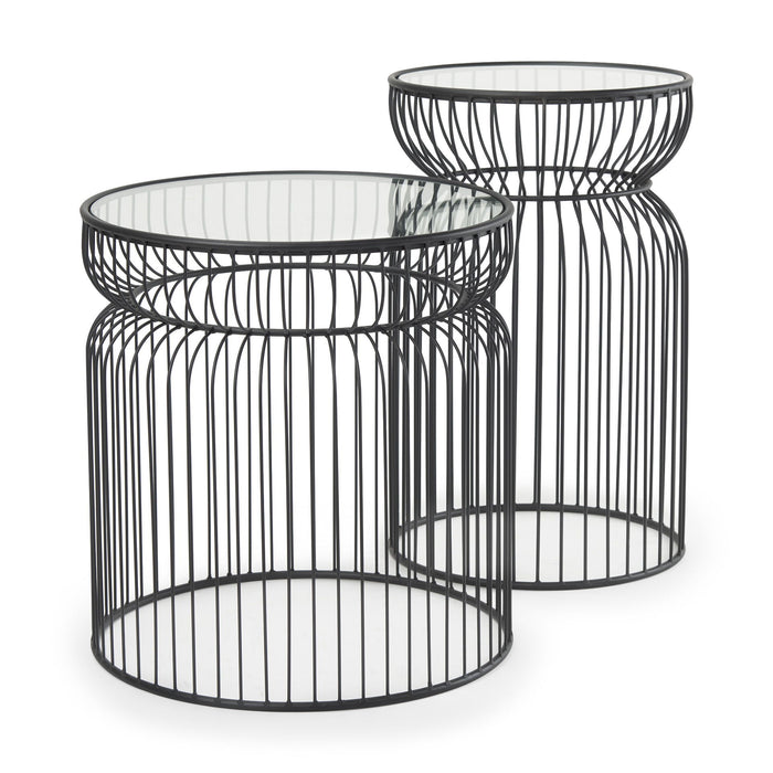 Tempered Glass Metal Wire Round Drum End Tables (Set of 2) - Clear / Black