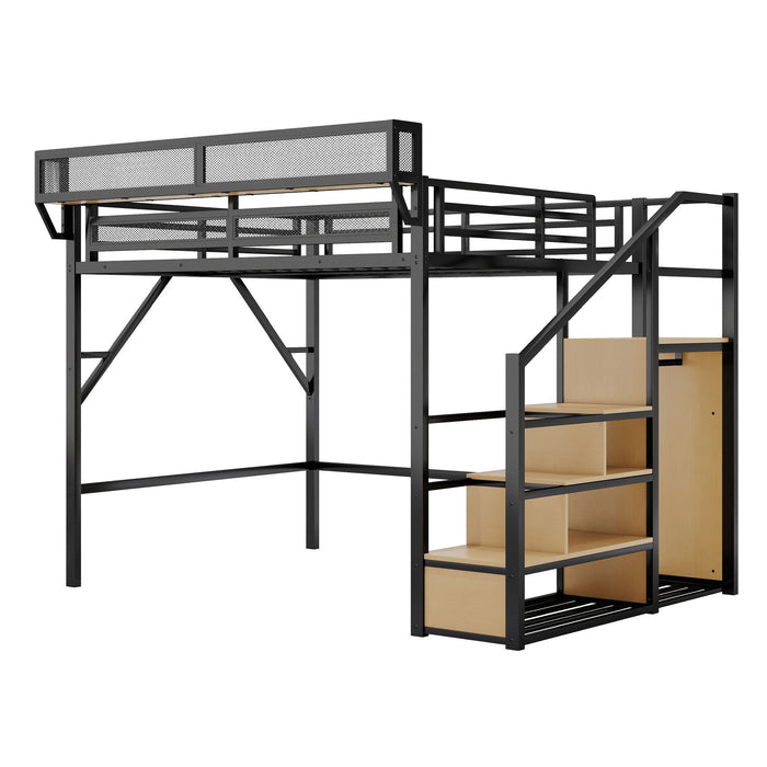 Giga queen size black wood loft bed with stairs, storage shelves, and wardrobe, showcasing a modern bedroom setup and organization.