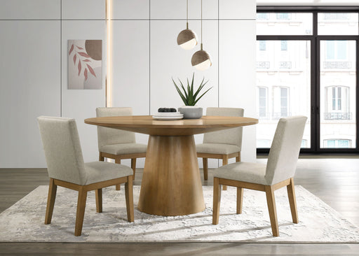 Giga Jasper wide contemporary round dining table set with 4 matching chairs in a modern 5-piece dining room set.