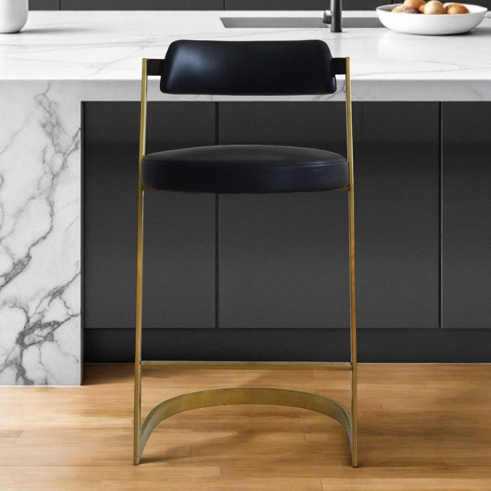 Faux Leather And Stainless Steel Low Back Counter Height Bar Chair - Black And Gold