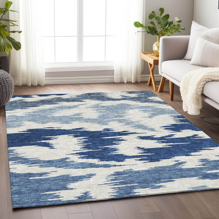 8' X 10' Abstract Washable Area Rug With UV Protection - Navy Blue / Ivory