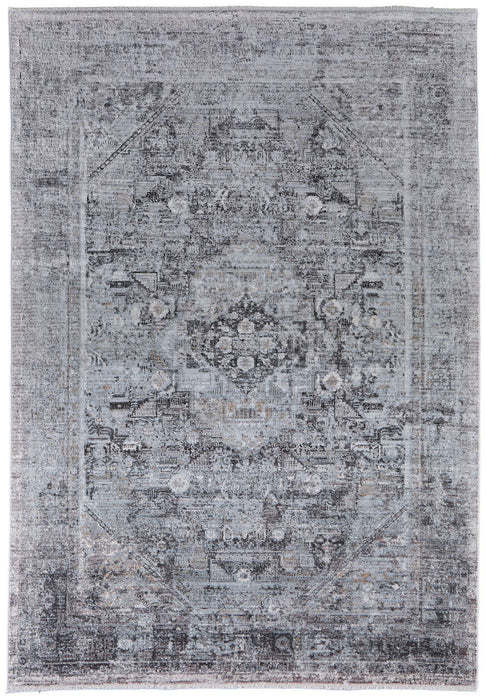 9' x 13' Oriental Power Loom Worn Faded Area Rug - Gray And Silver