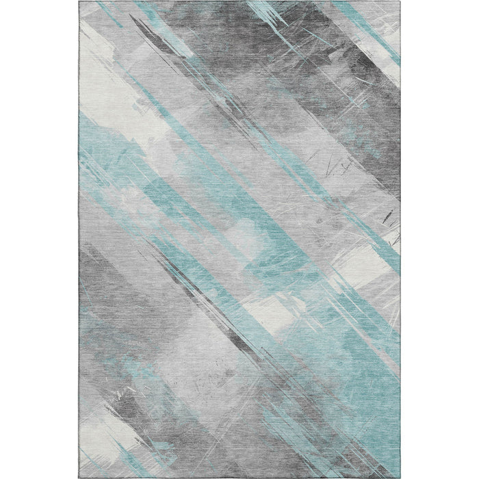10' X 14' Striped Washable Area Rug With UV Protection (694302) - Teal / Gray / Silver