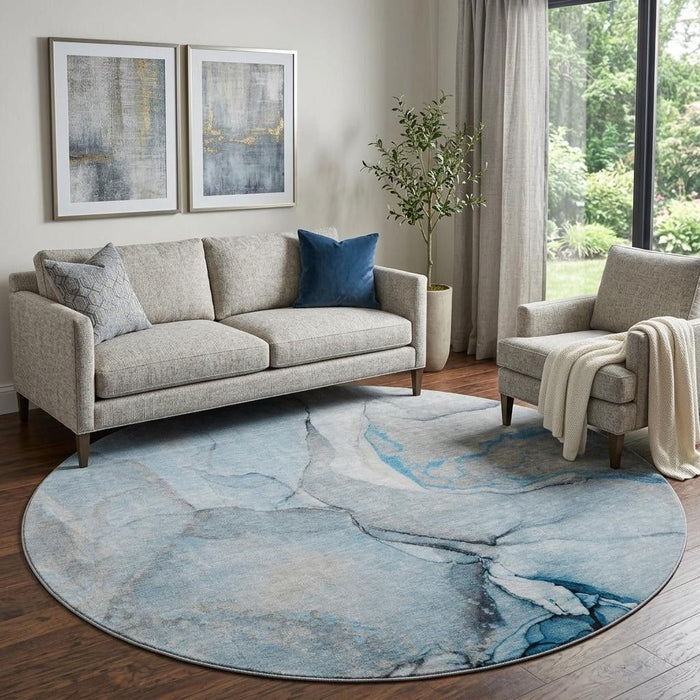 8' Abstract Washable Round Rug With UV Protection (646819) - Blue / Gray / Ivory