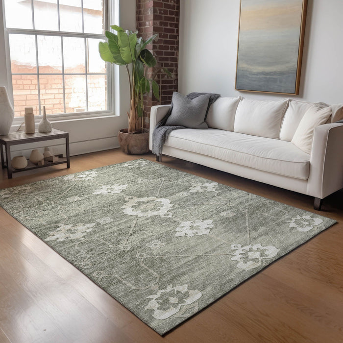 9' X 12' Floral Medallion Washable Area Rug With UV Protection - Olive Green And Ivory
