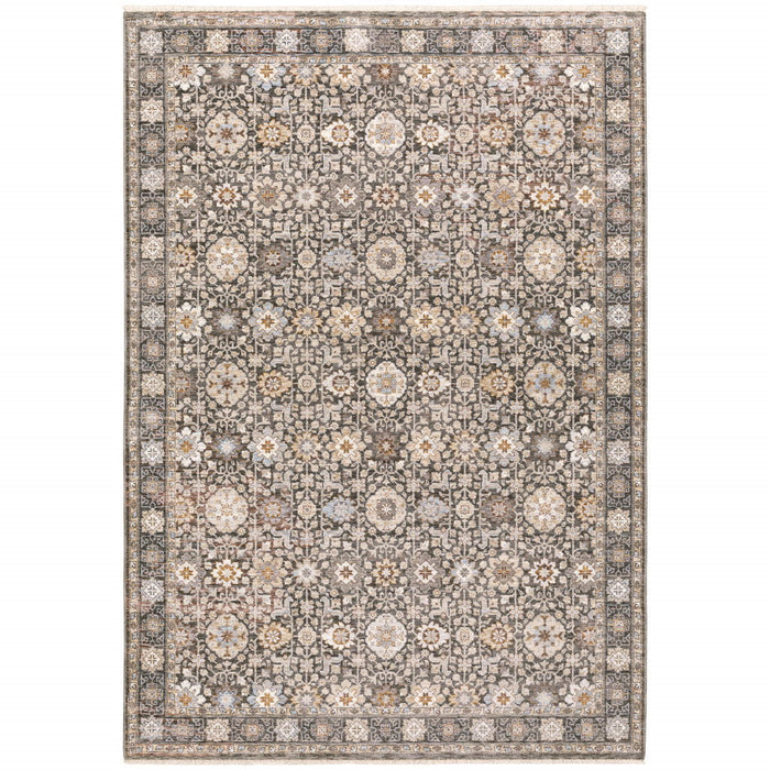 9.8' x 12.9' Oriental Power Loom Stain Resistant Area Rug With Fringe - Grey And Ivory