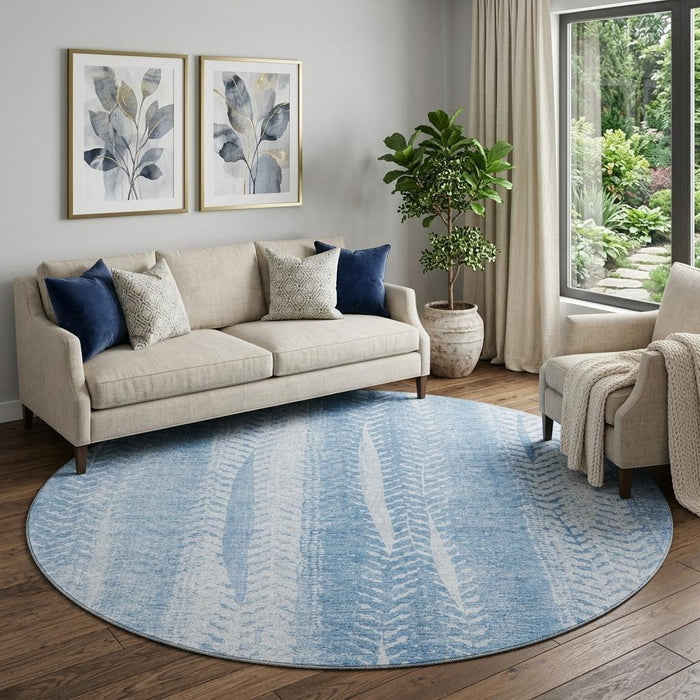 8' Striped Washable Round Rug With UV Protection (656534) - Sky Blue / Ivory