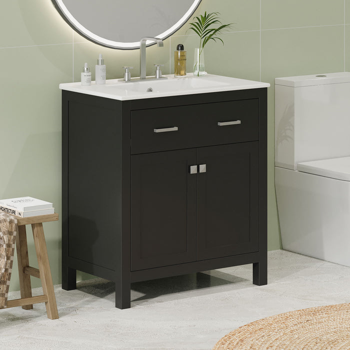 Modern Giga bathroom vanity with ceramic sink, two-door cabinet, shelf, and soft-close doors for stylish storage.