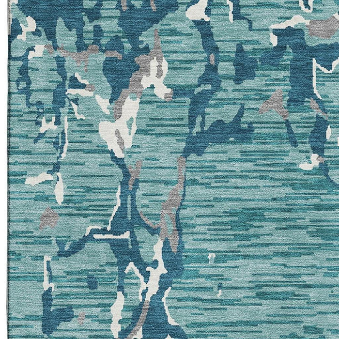 10' X 14' Striped Washable Area Rug With UV Protection (682085) - Teal / Ivory / Gray