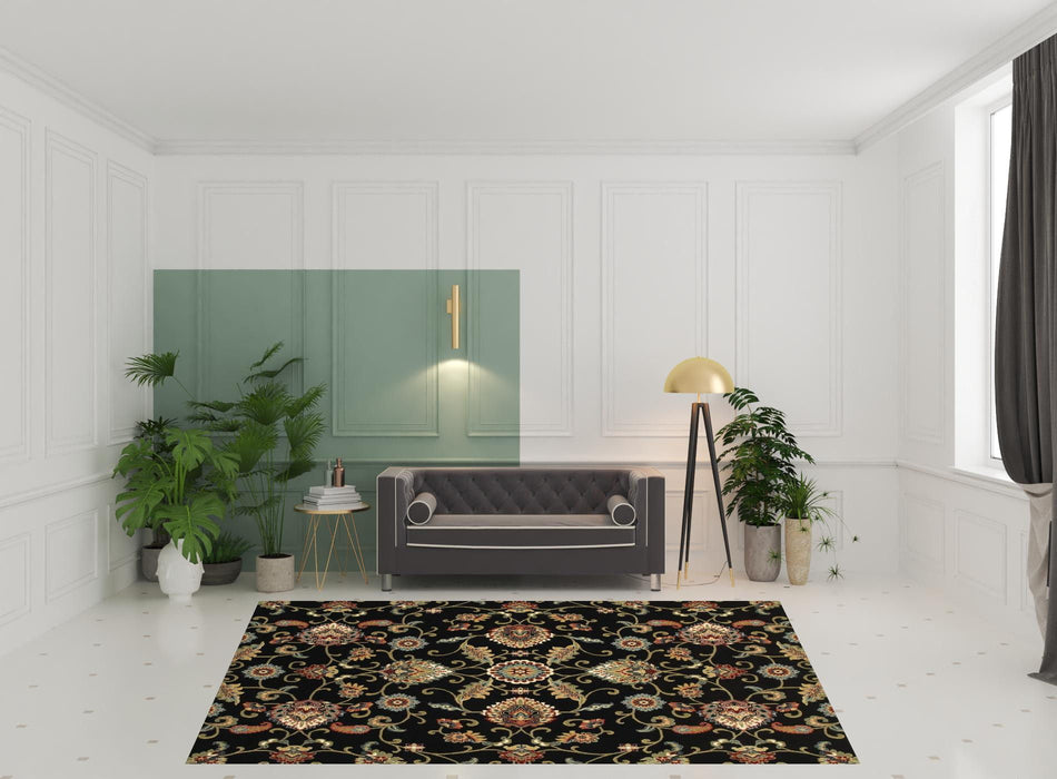 8' x 11' Floral Power Loom Stain Resistant Area Rug - Black Red Green Ivory Salmon And Yellow