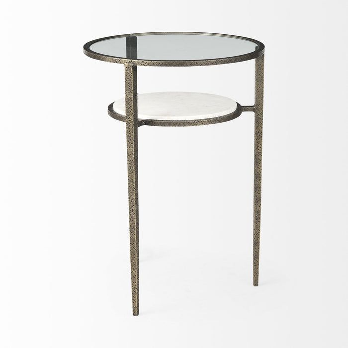 Glass And Metal Round End Table With Shelf - Bronze And Clear