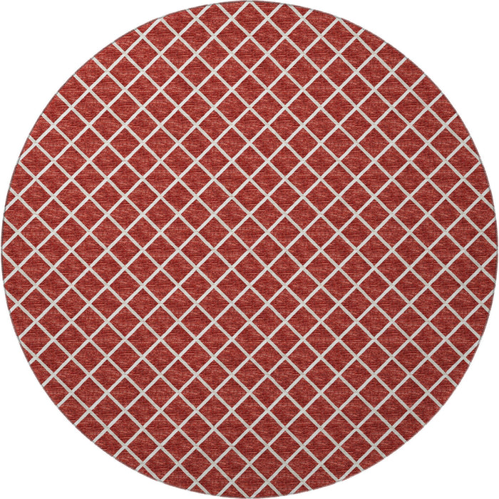 8' Geometric Washable Round Rug With UV Protection - Red / Ivory