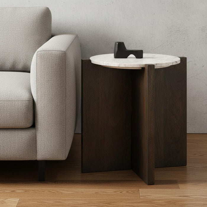 Stone And Wood Tray Table - White / Brown