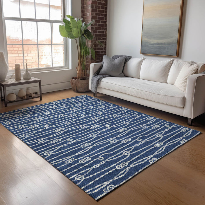 10' X 14' Nautical Washable Area Rug With UV Protection - Navy Blue / Ivory