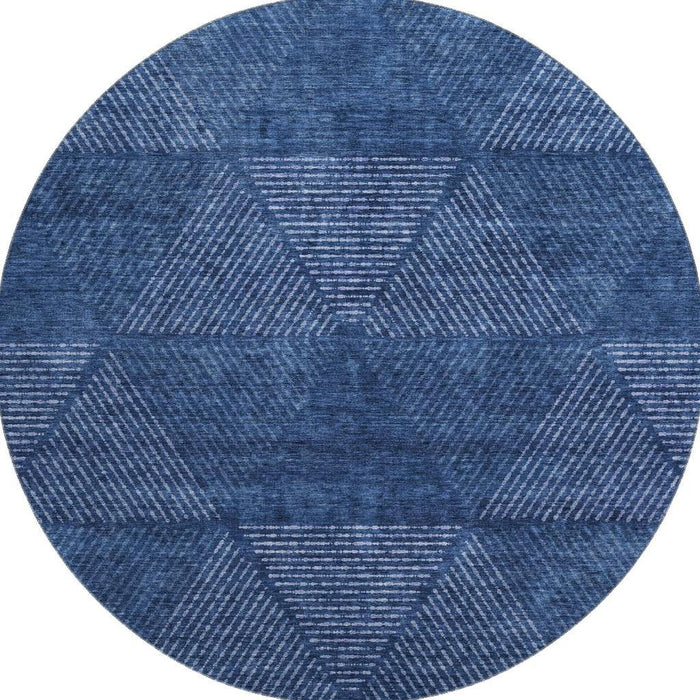 8' Transitional Geometric Washable Round Rug With UV Protection - Navy Blue And Ivory