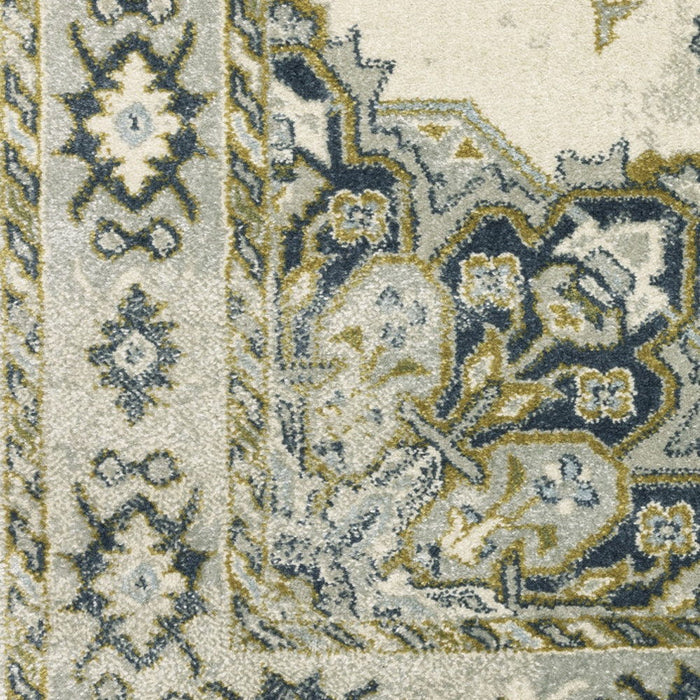 8' x 10' Oriental Power Loom Stain Resistant Area Rug - Ivory Blue Teal Gray And Olive Green