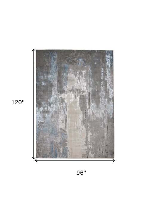 8' x 10' Abstract Polyester Area Rug - Gray Ivory And Blue