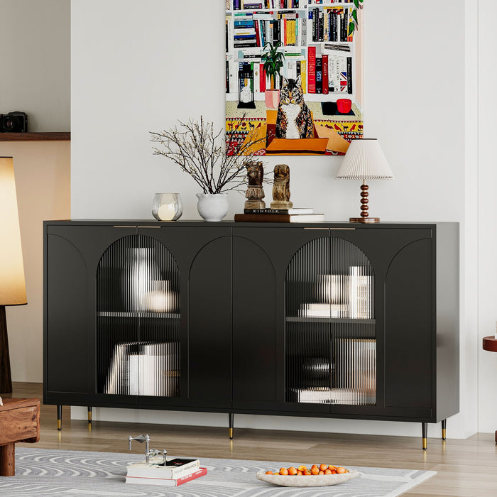 Giga lacquered wooden accent sideboard with four glass doors, ideal for living room, entryway, or dining room storage.