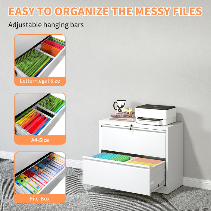 White Giga 2-drawer lateral file cabinet with locking mechanism, anti-tip interlock, suitable for letter, legal, and A4 files.
