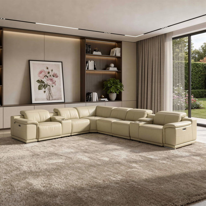 Italian Leather Power Reclining U Shaped Eight Piece Corner Sectional With Console - Beige