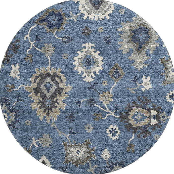 8' Traditional Floral Medallion Washable Round Rug With UV Protection - Blue