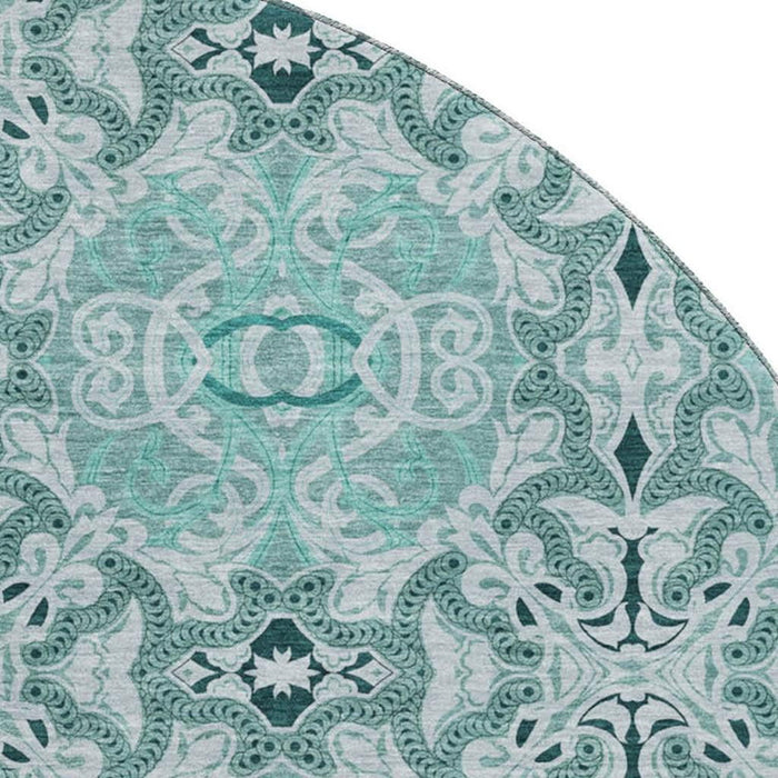 8' Medallion Washable Round Rug Polyester With UV Protection - Teal And Ivory