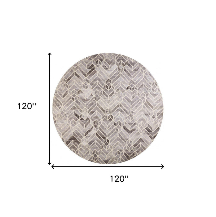 10' Round Wool Geometric Hand Tufted Area Rug - Gray And Ivory