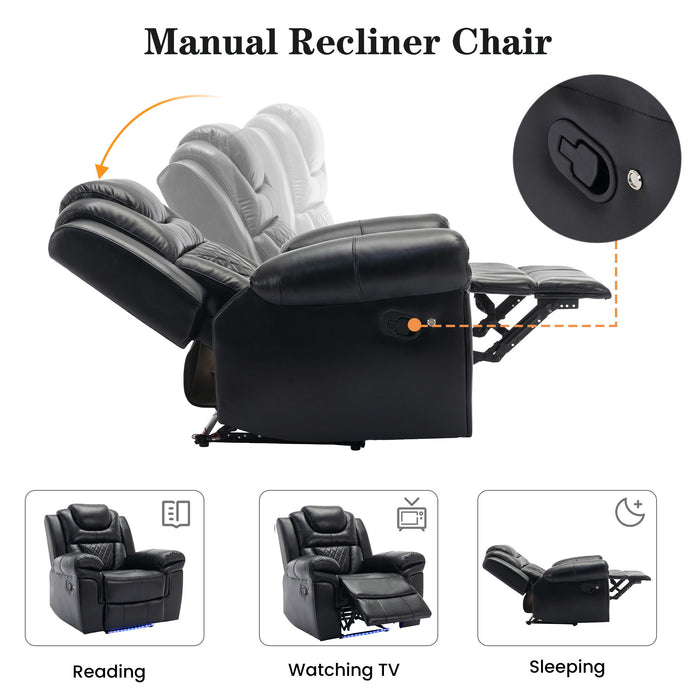 Giga home theater reclining sofa with manual recliner, center console, and LED light strip for living room comfort and style