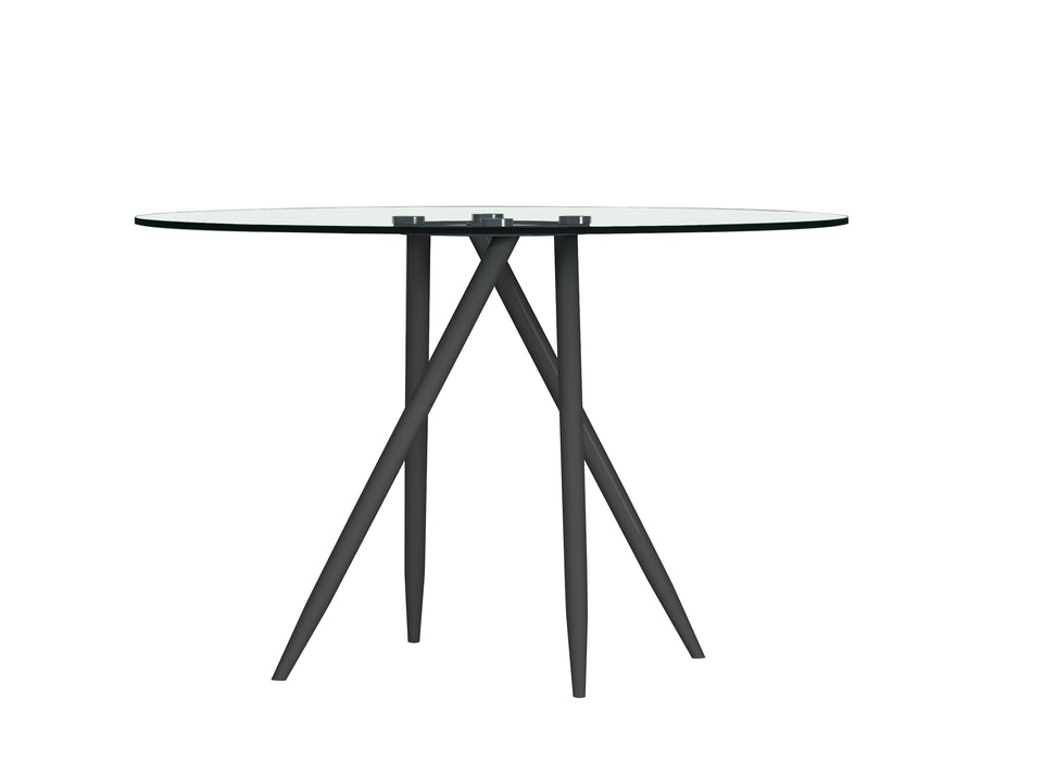 Chintaly BEATRIZ-BLK Round Glass Top Dining Table w/ Crisscross Four-legged Steel Base