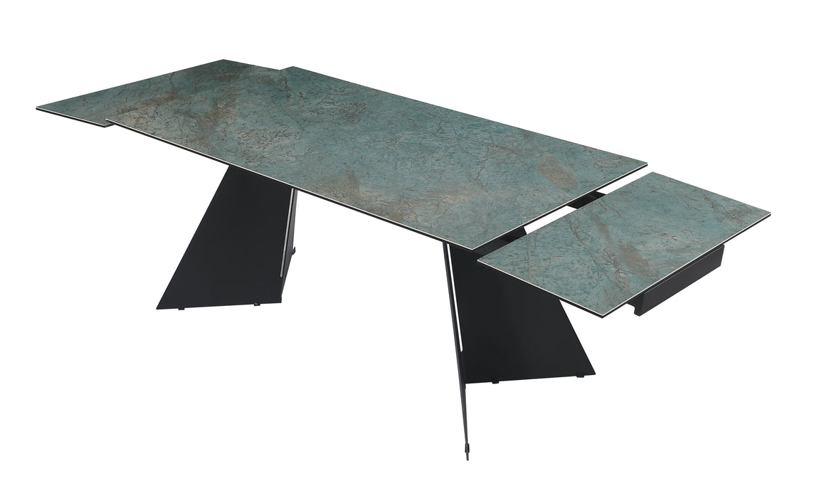 Contemporary extendable dining table by Chintaly with ceramic and glass top, matte black steel base, extends from 63 to 94 inches.