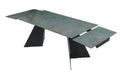 Contemporary extendable dining table by Chintaly with ceramic and glass top, matte black steel base, extends from 63 to 94 inches.