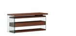 Reversible walnut wooden desk with glass panels, drawers, and shelves, featuring a rotatable design by Chintaly for office use