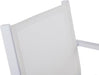 Set of two Chintaly Malibu outdoor chairs with white mesh sling seats and aluminum frames, perfect for patio relaxation.