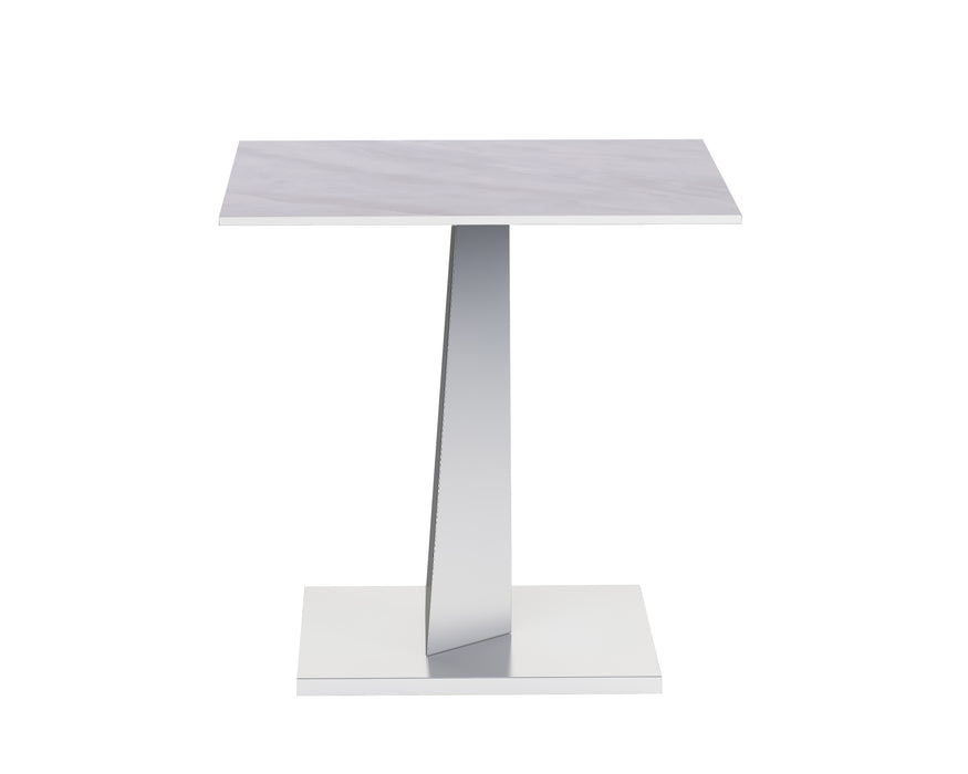 Contemporary white sintered stone top end table with polished steel base by Chintaly, modern design for living room decor.