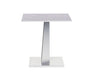 Contemporary white sintered stone top end table with polished steel base by Chintaly, modern design for living room decor.