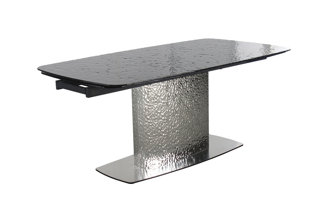 Contemporary NORA extendable dining table by Chintaly with gloss black textured glass top and stainless steel base.