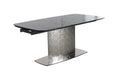 Contemporary NORA extendable dining table by Chintaly with gloss black textured glass top and stainless steel base.