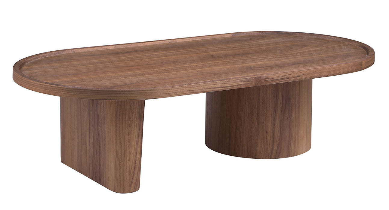 Modern All-Wood Oval Coffee Table | Walnut Veneer Cocktail Table with Pedestal Base