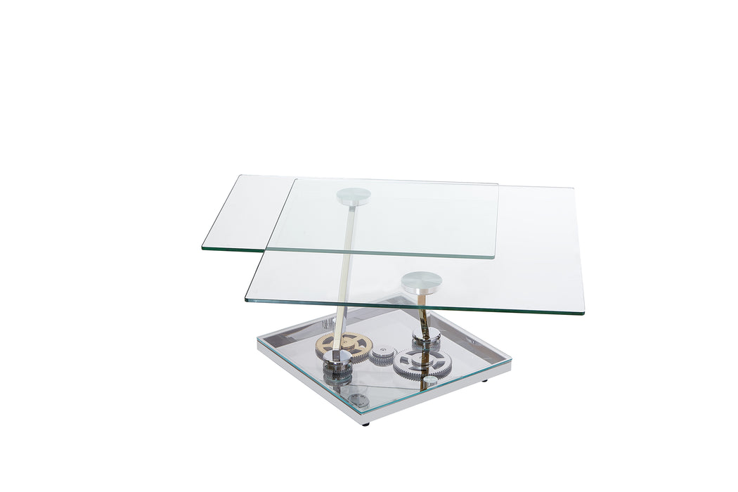 Contemporary Motion-Extendable Glass Top Cocktail Table | Clear Glass with Polished SS & Brass
