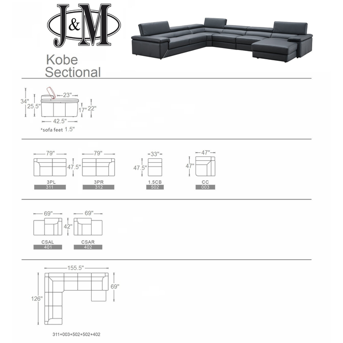 J & M Furniture Kobe Premium Leather Sectional in Truffle