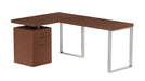 Reversible wooden home office desk with walnut veneer finish, three-drawer cabinet, and polished stainless steel legs by Chintaly.