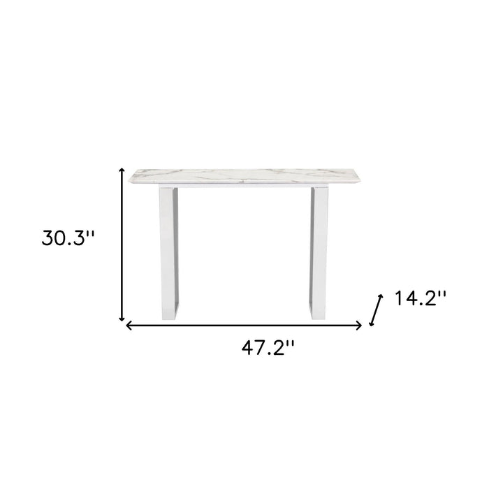 Faux Marble Sled Console Table - White And Silver