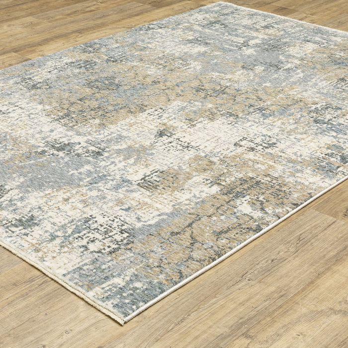 7' X 10' Abstract Distressed Area Rug With Fringe - Beige And Blue