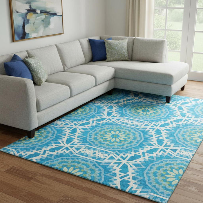 10' X 14' Geometric Washable Area Rug With UV Protection (652203) - Blue / Ivory / Olive Green