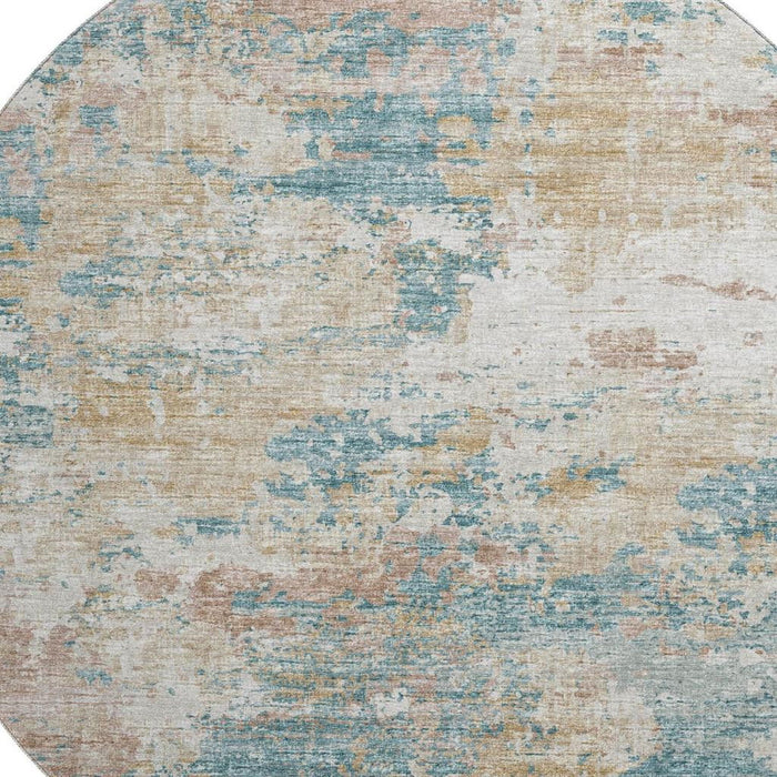 8' Copper Abstract Washable Round Rug With UV Protection - Teal Blue