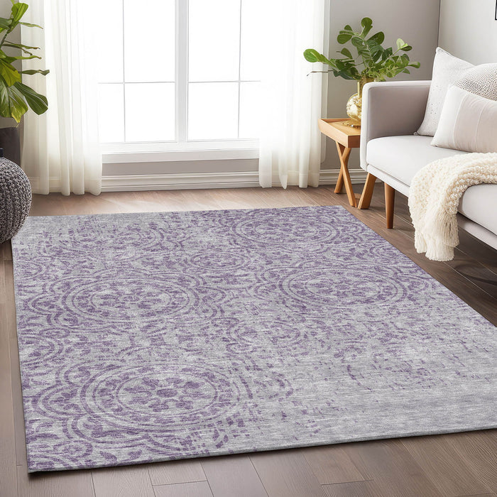 8' X 10' Medallion Washable Area Rug With UV Protection - Lavender / Ivory