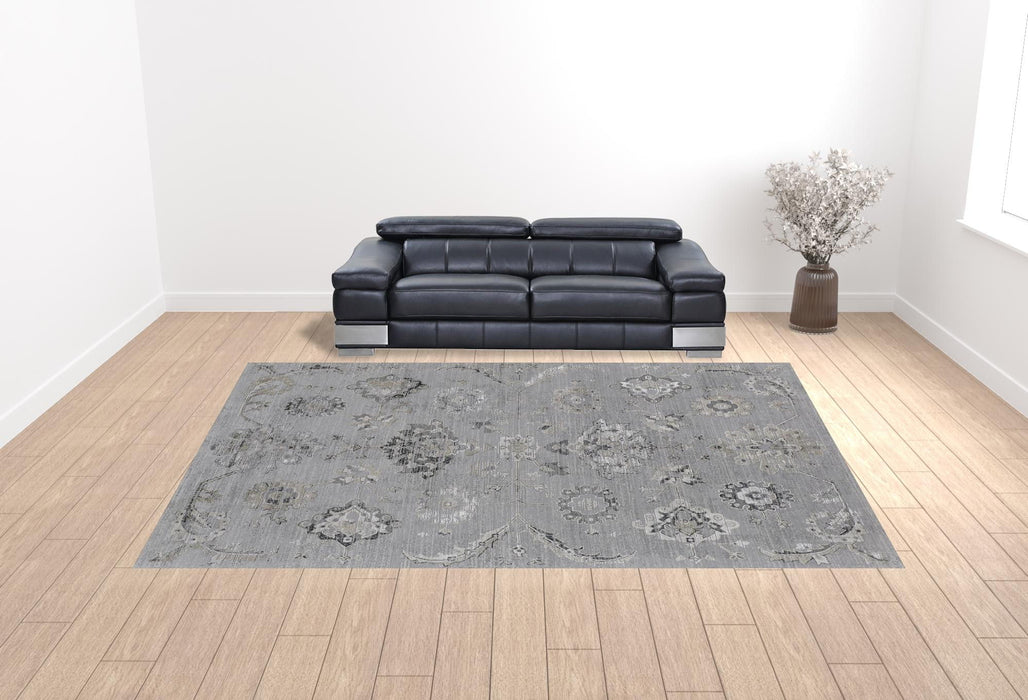 12' x 15' Floral Power Loom Distressed Area Rug - Silver And Black