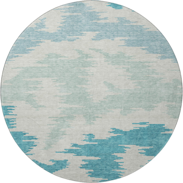 8' Abstract Washable Round Rug Polyester With UV Protection - Teal / Ivory