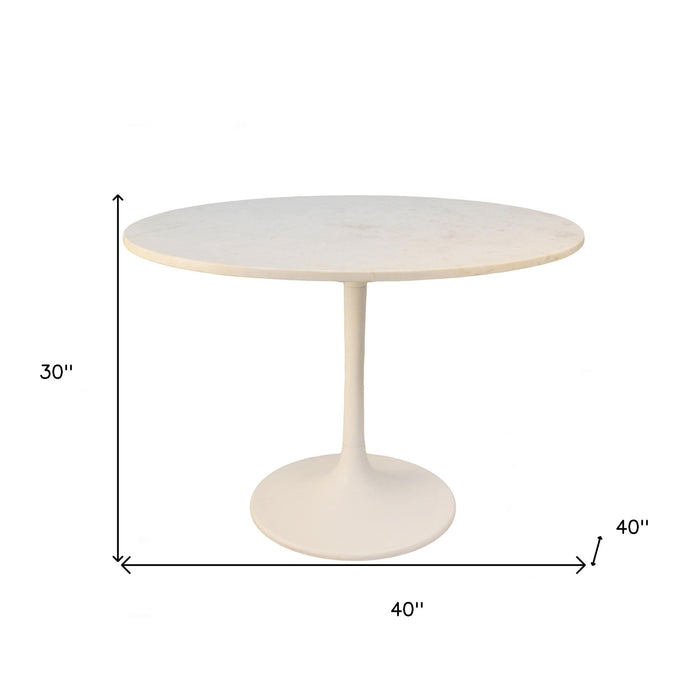 40" Rounded Marble And Iron Pedestal Base Dining Table - White
