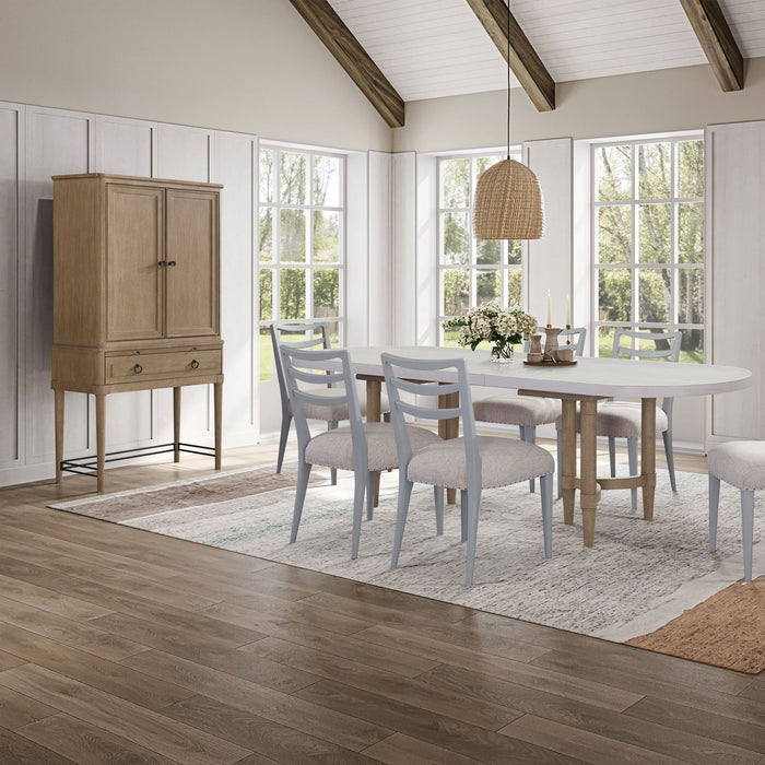 Bernards Furniture colored sand wine cabinet with storage shelves and a sleek modern design for your home bar or entertaining space.